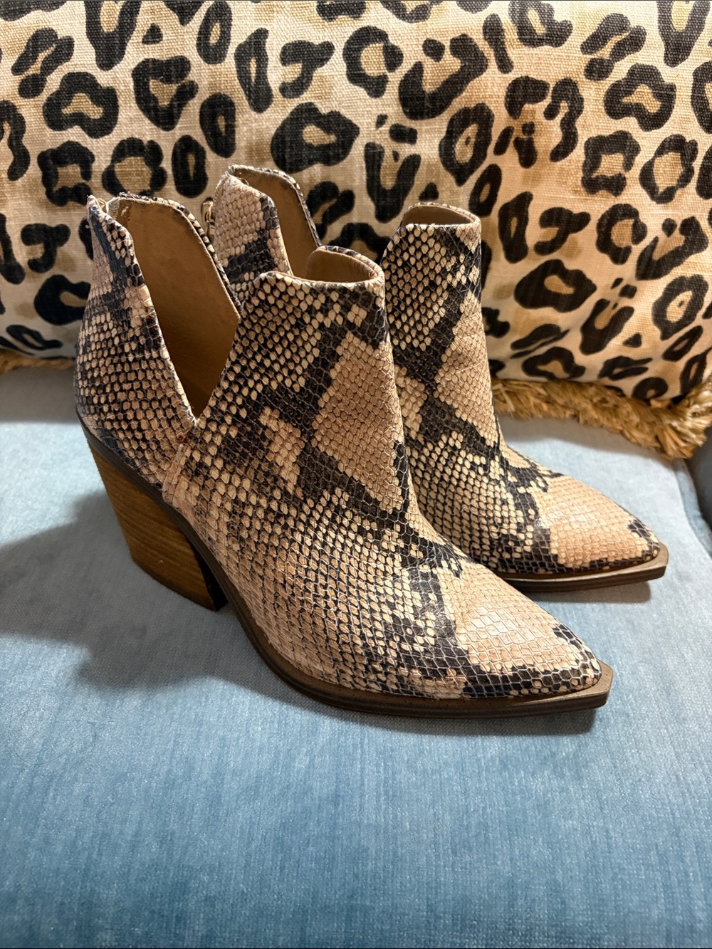 Vince Camuto tan and black Snakeskin Cutout Ankle Booties